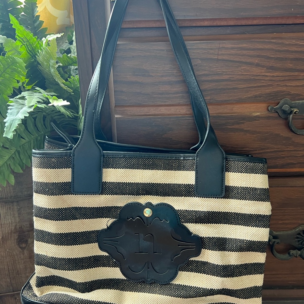 Nanette Lepore Black and Tan Striped Tote Bag